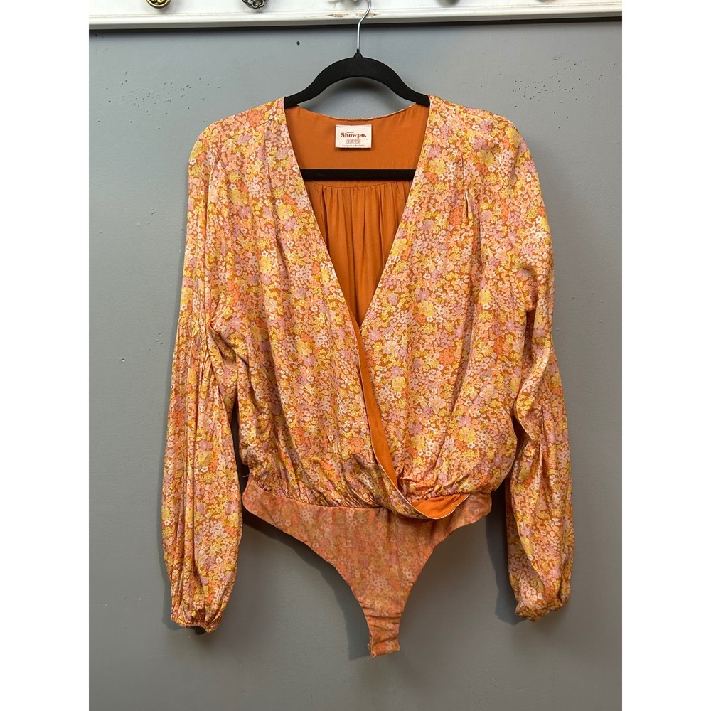 Showpo‎ Floral Surplice Bodysuit Womens 10 Orange Yellow V-Neck Long Sleeve